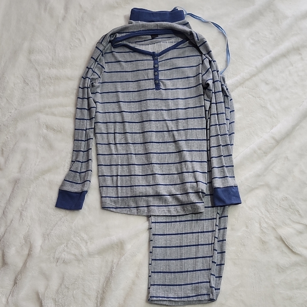 Rene Rofe Womens' Blue Striped Long Sleeve Lounger Set